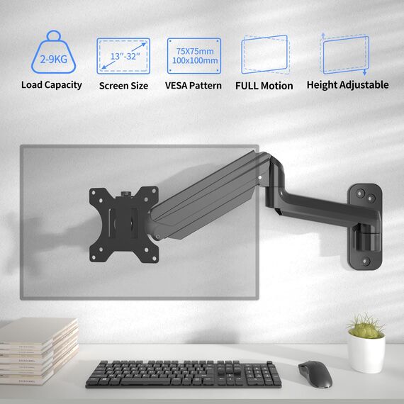 suptek Monitor Wandhalterung für 13-32 Zoll LED/LCD/TV Bildschirm bis 9 kg, Monitor Halterung mit voller einstellbaren Gasfeder, Höhenverstellbar, Neigbar Schwenkbar und Drehbar, VESA 75/100