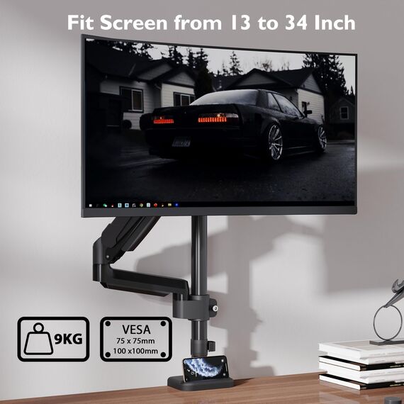 BONTEC Monitor Halterung für 13-34 Zoll LCD LED Bildschirm Hält 3-9 kg, Gasdruckfeder Einarmig Monitor 360° Drehbar, Neigbar, Schwenkbar Einzelarm Ständer Schreibtischklemme, VESA 75/100mm