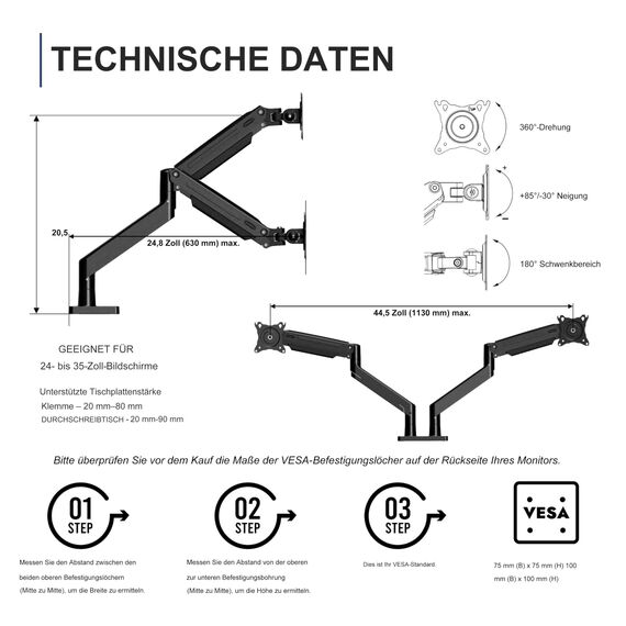 Invision Doppel-Monitorarm für Bildschirme von 24-35 Zoll, ergonomisch, höhenverstellbar (gasunterstützt), neigbar, drehbar und ausziehbar, VESA 75 mm und 100 mm, Gewicht 2 kg bis 15 kg (MX900)