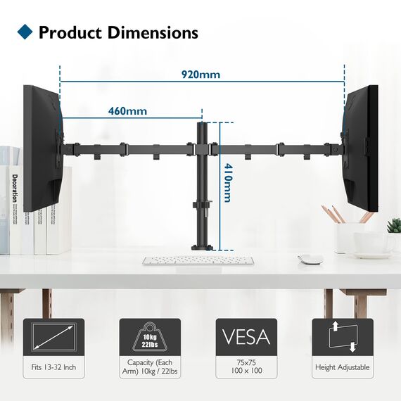 BONTEC 13-32 Zoll Monitor Halterung 2 Monitore, Höhenverstellbar Monitor Halterung, 2 Montageoptionen, Neigbar Schwenkbar Drehungbar für LCD LED Bildschirme bis 10 kg, VESA 75x75/100x100