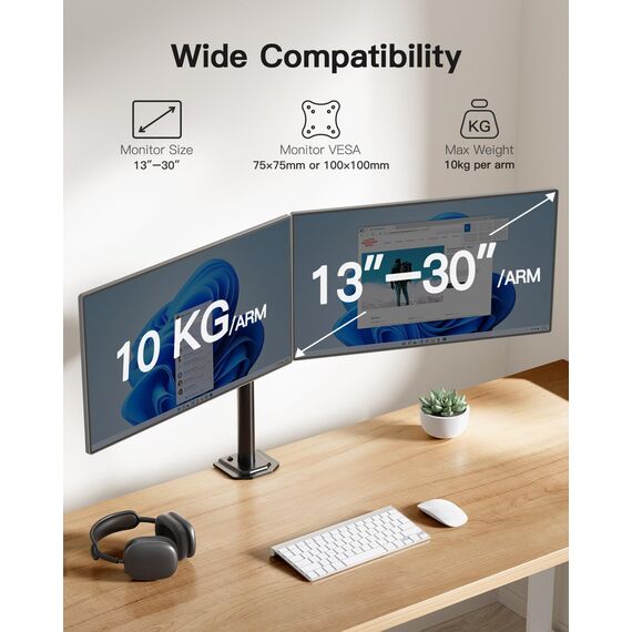 HUANUO Monitor Halterung 2 Monitore für 13-30 Zoll Bildschirme, Gaming Monitorhalterung 2 Monitore Höhenverstellbar, Bildschirmhalterung Neigen Schwenken, 10 kg pro Arm, VESA 75/100