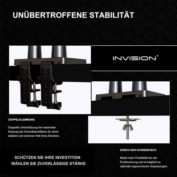 Invision Doppel-Monitorarm für Bildschirme von 24-35 Zoll, ergonomisch, höhenverstellbar (gasunterstützt), neigbar, drehbar und ausziehbar, VESA 75 mm und 100 mm, Gewicht 2 kg bis 15 kg (MX900)