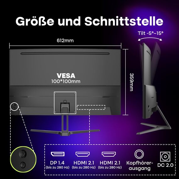 Amzfast Curved Gaming Monitor 27 Zoll - 280Hz, QHD 2560x1440, 1ms MPRT, Adaptive Sync, 1500R, HDR400, 96% DCI-P3, HDMI 2.1x2, DP 1.4x1, VESA 100x100, Blaulichtfilter, AMZG27C1Q Pro