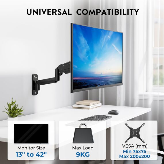 BONTEC Monitor Wandhalterung 13-42 Zoll Bildschirm bis 9 kg, VESA 200x200, Neigbar Schwenkbar Drehbar, Höhenverstellbar Monitor Wall Mount