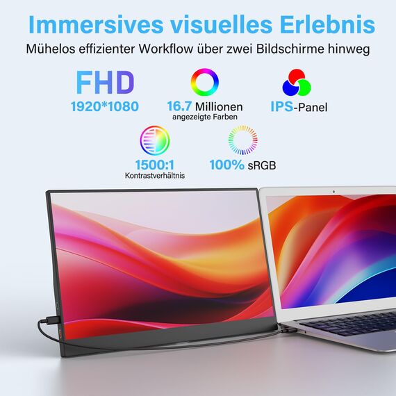MAGICRAVEN Portable Monitor mit 2 Ständer, 15,6 Zoll Tragbarer Monitor 1920x1080 FHD Laptop Bildschirm Erweiterung IPS Screen, Mobiler Bildschirm für Laptop/PC/Mac,Plug und Play