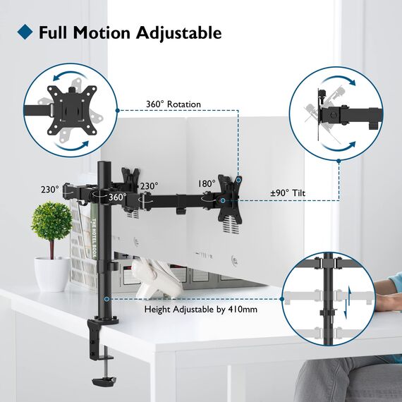 BONTEC 13-32 Zoll Monitor Halterung 2 Monitore, Höhenverstellbar Monitor Halterung, 2 Montageoptionen, Neigbar Schwenkbar Drehungbar für LCD LED Bildschirme bis 10 kg, VESA 75x75/100x100