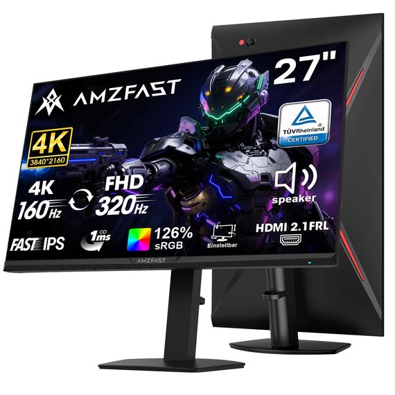 Amzfast 27 Zoll 4K Dual Modus Gaming Fast IPS Monitor, UHD 160 Hz/FHD 320 Hz, Eingebaute Lautsprecher, 1ms MPRT, HDR 400, sRGB 126%, HDMI 2.1, DP 1.4, PBP/Pip, Adaptive Sync- AMZG27F6U