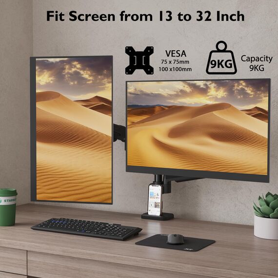 BONTEC Monitor Halterung 2 Monitore für 13-32 Zoll, Doppel Monitorhalterung Höhenverstellbar mit 9 kg pro Arm, Neigbar Schwenkbar und Drehbar, VESA 75/100 mm