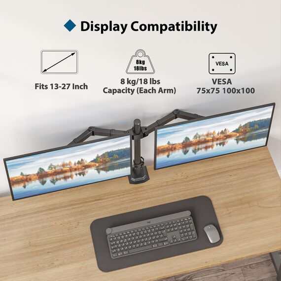 BONTEC Monitor Halterung 2 Monitore 13-27 Zoll Schwenkbar Neigbar Höhenverstellbar Monitor Schreibtisch Monitorhalterung Tisch Ständer Monitorständer Ergonomische – 8kg VESA 75/100 Schwarz