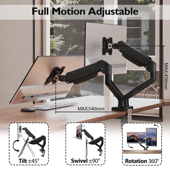 BONTEC Monitor Halterung 2 Monitore, Bildschirmhalterung 2 Monitor für 13-32 Zoll, Gasfederarm mit 360° Drehbar & Neigbar, Kabelmanagement, 2 Montageoptionen, VESA 75/100, 3-9 kg