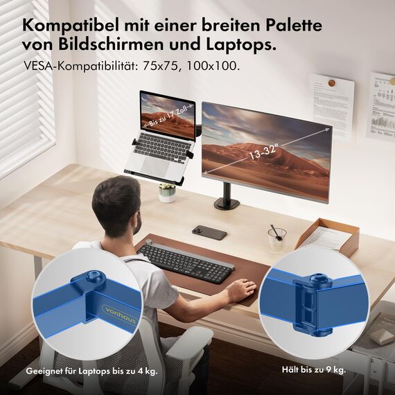VonHaus Monitor Halterung mit Laptop Arm Höhenverstellbar für 13-32 Zoll Bildschirme bis 9 kg & 16 Zoll Laptop bis 4 kg mit Tischklemme- Voll Neig-Dreh- und Schwenkbare Arme, VESA: 75/100 mm
