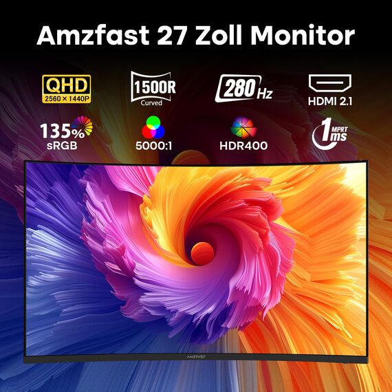 Amzfast Curved Gaming Monitor 27 Zoll - 280Hz, QHD 2560x1440, 1ms MPRT, Adaptive Sync, 1500R, HDR400, 96% DCI-P3, HDMI 2.1x2, DP 1.4x1, VESA 100x100, Blaulichtfilter, AMZG27C1Q Pro