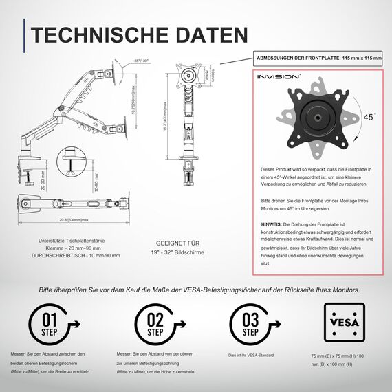 Invision Monitor Halterung für 19-32 Zoll Bildschirme - VESA 75 & 100 mm - Schreibtischklemme Ständer - Höhenverstellbar Neigungen Schwenken Dreht - Erhöhte Tragfähigkeit von 2-9 kg - MX200 Einzelarm