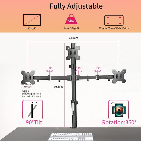 suptek Monitor Halterung 3 Monitore Triple Monitor Mount für 13-27 Zoll Flach & Curved Bildschirm Schwenkbar Neigbar Höhenverstellbar DREI Monitorarm 80cm Stange 10 kg pro Arm, VESA 75/100mm MD6843