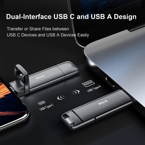 SSK USB C Externe SSD 2TB, mit bis zu 550 MB/s Extreme Schneller Solid State Drive, Dual-USB Typ C + A USB3.2 Gen2 Datenspeicher für Android-Telefon, Laptop, Tablet, Mac