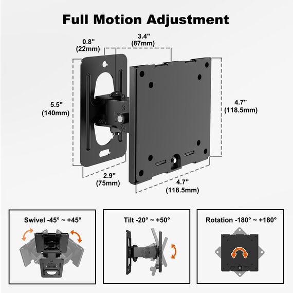Monitor Wandhalterung - für 17-49 Zoll Bildschirm bis 20 kg,Heavy Duty Monitor Hatlerung Wand Neigung Drehung und Schwenkfunktion,VESA 75/100mm