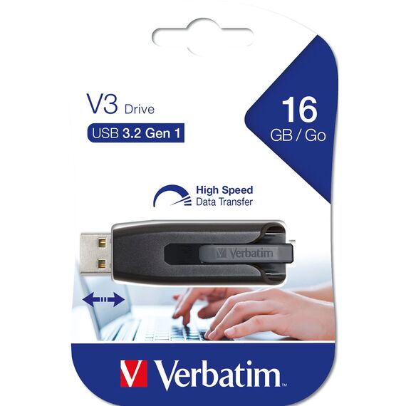 VERBATIM Store 'n' Go V3 USB-Stick I USB-3.2 Gen1 I 16 GB I Speicherstick mit Schiebemechanismus I USB-3 mit SuperSpeed-Schnittstelle I externer Speicher für Laptop Notebook & Co I schwarz
