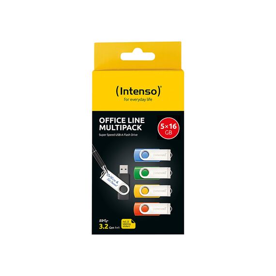Intenso Office Line Multipack USB Stick 5X 16GB – Super Speed USB 3.2, bis 70MB/s, farbig Sortiert mit Metallbügel und Beschriftungsetiketten