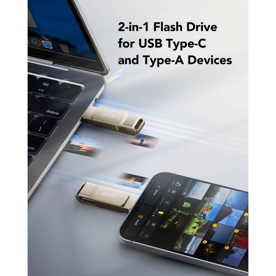 Lexar D40E 256 GB Dual Drive USB 3.2 Gen 1 Type-C Jump Drive, USB-C Flash Drive, Metallgehäuse, schwenkbares Design, Thumb Drive, Kompatibel mit iPhone 17,Silberner Champagner (Packung mit 2)