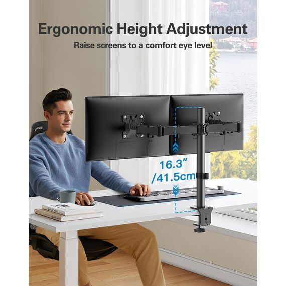 HUANUO Monitor Halterung 2 Monitore für Bildschirme von 13 bis 32 Zoll, verstellbare Monitorhalterung mit Einer Tragfähigkeit von bis zu 8 kg, ideal für Gaming und Büroarbeit, VESA 75x75 und 100x100