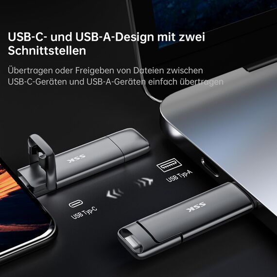 SSK USB C Externe SSD 1TB, mit bis zu 550 MB/s Extreme Schneller Solid State Drive, Dual-USB Typ C + USBA USB3.2 Gen2 Datenspeicher für Android-Telefon, Laptop, Tablet, Mac