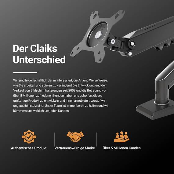 Claiks Monitor Halterung für 19-32 Zoll – Höhenverstellbarer Einzelarm-Monitorständer mit VESA 75/100 – Neigen, Schwenken, Drehen – Schreibtischklemme bis 9 kg，Monitor Arm (Schwarz)