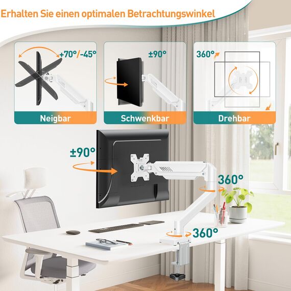 ELIVED 1 Monitor Halterung für 13-32" Bildschirme bis zu 9kg mit VESA 75/100mm, Gasdruckfeder PC Monitor Tischhatlerung, Neigbar, Schwenkbar, Drehbar, Höhenverstellbar Monitorhalterung Weiß EV004W