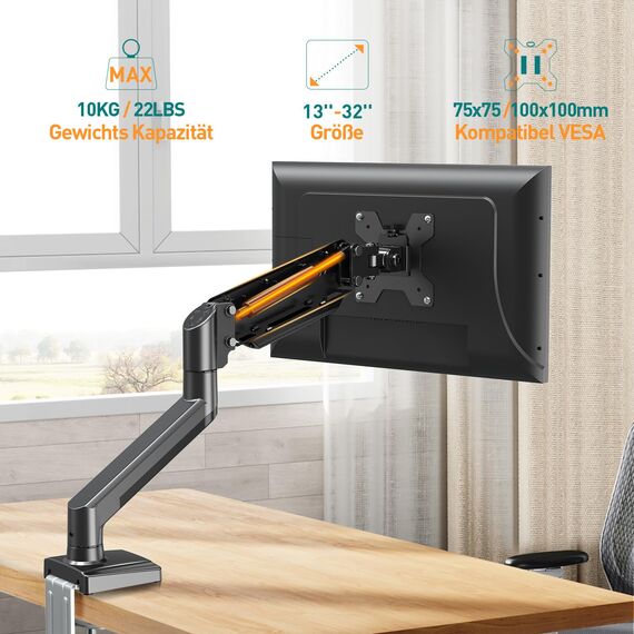 ELIVED 1 Monitor Halterung für 13-32" Bildschirme bis zu 9kg mit VESA 75/100mm, Gasdruckfeder PC Monitor hatlerung, +70°-45° neigbar, 180° Schwenkbar, 360° Drehbar, Höhenverstellbar Monitorhalterung