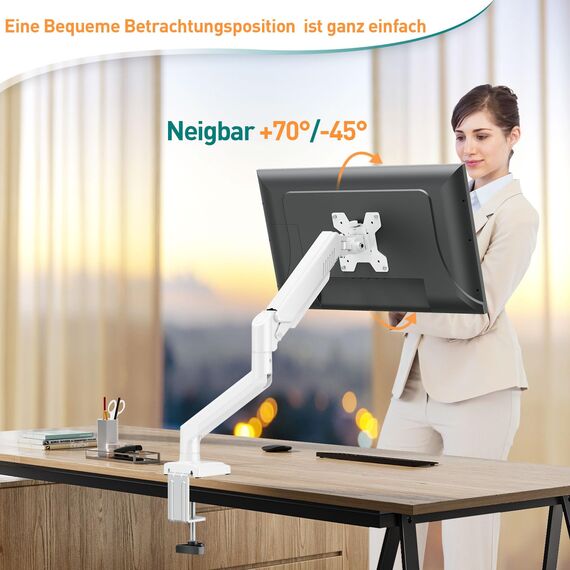 ELIVED 1 Monitor Halterung für 13-32" Bildschirme bis zu 9kg mit VESA 75/100mm, Gasdruckfeder PC Monitor Tischhatlerung, Neigbar, Schwenkbar, Drehbar, Höhenverstellbar Monitorhalterung Weiß EV004W