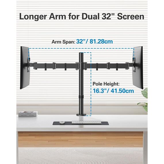 HUANUO Monitor Halterung 2 Monitore für Bildschirme von 13 bis 32 Zoll, verstellbare Monitorhalterung mit Einer Tragfähigkeit von bis zu 8 kg, ideal für Gaming und Büroarbeit, VESA 75x75 und 100x100