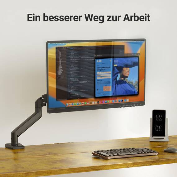 Claiks Monitor Halterung für 19-32 Zoll – Höhenverstellbarer Einzelarm-Monitorständer mit VESA 75/100 – Neigen, Schwenken, Drehen – Schreibtischklemme bis 9 kg，Monitor Arm (Schwarz)