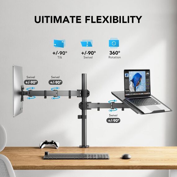 HUANUO Monitor Halterung mit Laptop Arm, Monitor Laptop Halterung für 13-32 Zoll Bildschirmhalterung 1 Monitor & 17 Zoll Notebook, VESA 75/10, Gaming