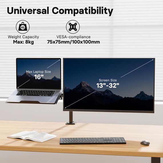 Redbat Monitorarm mit Laptopfach, Dual Screens, Voll einstellbar für 13 bis 32 Zoll LCD LED Bildschirm bis 8kg & Notebook bis 16 Zoll, Neigen, Schwenken & Drehen, 2 Befestigungsmöglichkeiten