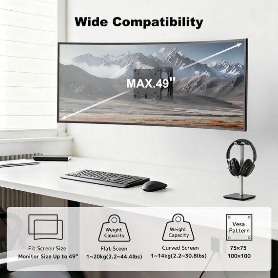 Monitor Wandhalterung - für 17-49 Zoll Bildschirm bis 20 kg,Heavy Duty Monitor Hatlerung Wand Neigung Drehung und Schwenkfunktion,VESA 75/100mm