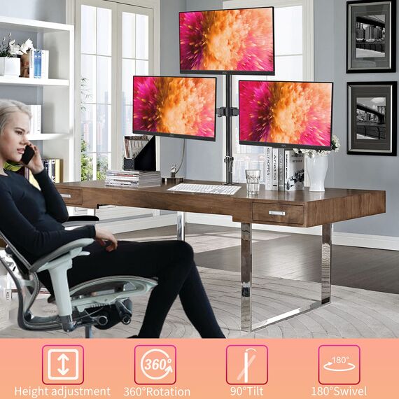 suptek Monitor Halterung 3 Monitore Triple Monitor Mount für 13-27 Zoll Flach & Curved Bildschirm Schwenkbar Neigbar Höhenverstellbar DREI Monitorarm 80cm Stange 10 kg pro Arm, VESA 75/100mm MD6843