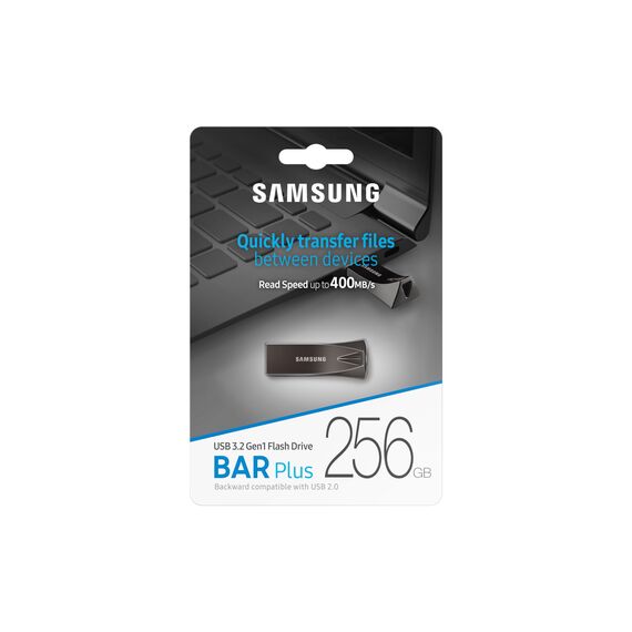 Samsung BAR Plus USB-Stick Typ-A, 256 GB, 400 MB/s Lesen, 110 MB/s Schreiben, Widerstandsfähiger USB 3.1 Speicherstick mit Schlüsselring, Titan Gray, MUF-256BE4/APC