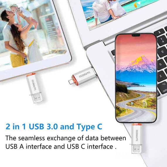 SANKESU 512GB USB Stick 3.0 USB C Flash-Laufwerke USB-A & Typ-C OTG Speicherstick, Dual Memory Sticks für PC/Tablet/Laptop/Typ C Handy(Silber)