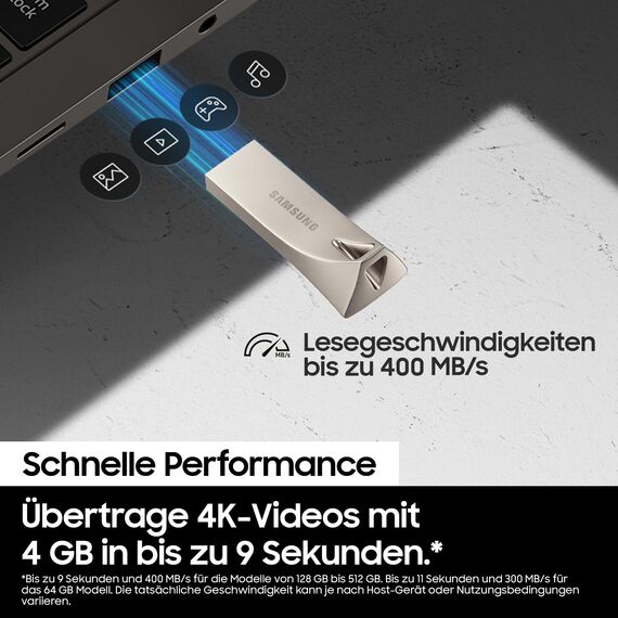 Samsung BAR Plus USB-Stick Typ-A, 256 GB, 400 MB/s Lesen, 110 MB/s Schreiben, Widerstandsfähiger USB 3.1 Speicherstick mit Schlüsselring, Champagne Silver, MUF-256BE3/APC