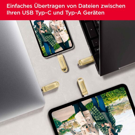 SANDISK Ultra Dual Drive Luxe USB Type-C & Type-A, Smartphone Speicher 512 GB (Mobiler Speicher, USB 3.2 Gen 1, drehbares Design, 400 MB/s Lesen, USB Type-C & Type-A-Anschluss, automatisches Backup)