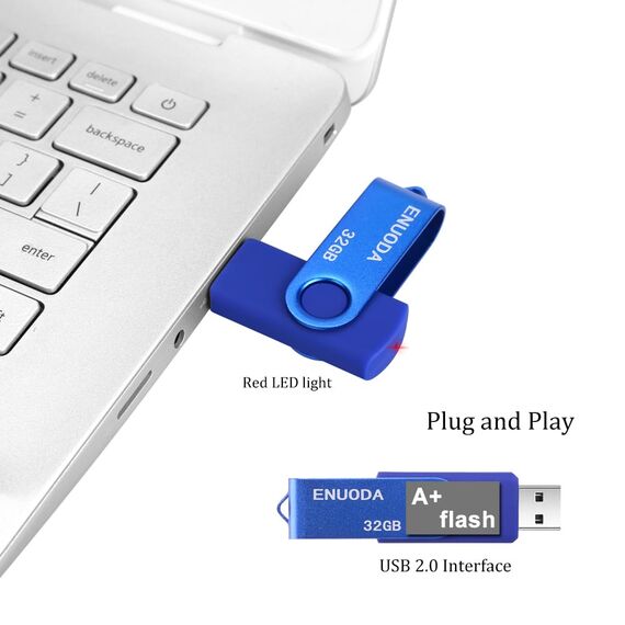 ENUODA USB Stick 32GB USB 2.0 Speicherstick Rotate Metall High Speed Memory Stick mit LED-Licht (Blau)