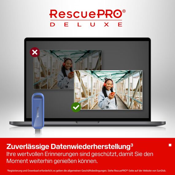SANDISK Phone Drive mit USB Type-C 256 GB (Flash-Laufwerk für Smartphones, Tablets und Computer, 150 MB/s Lesen, Schlüsselring-Öse zur Mitnahme, 1 Jahr RescuePRO Deluxe-Software) - Maritime Blue