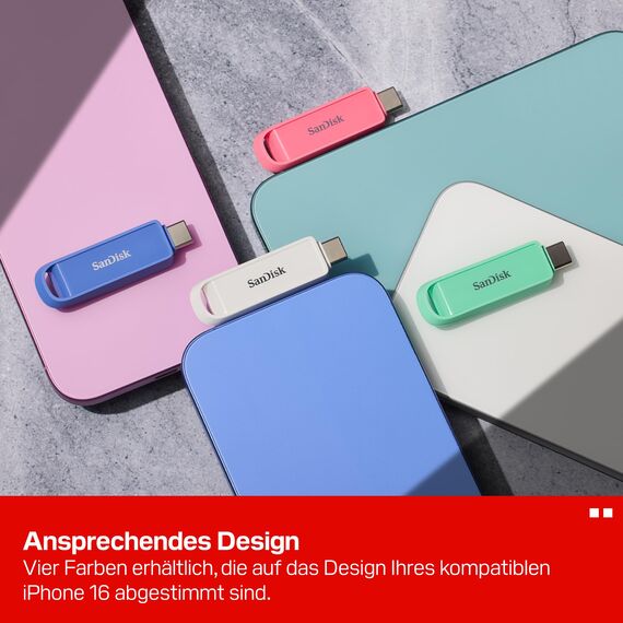 SANDISK Phone Drive mit USB Type-C 128 GB (Flash-Laufwerk für Smartphones, Tablets und Computer, 150 MB/s Lesen, Schlüsselring-Öse zur Mitnahme, 1 Jahr RescuePRO Deluxe-Software) - Arctic White
