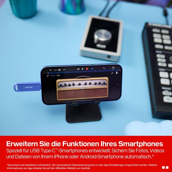 SANDISK Phone Drive mit USB Type-C 256 GB (Flash-Laufwerk für Smartphones, Tablets und Computer, 150 MB/s Lesen, Schlüsselring-Öse zur Mitnahme, 1 Jahr RescuePRO Deluxe-Software) - Maritime Blue