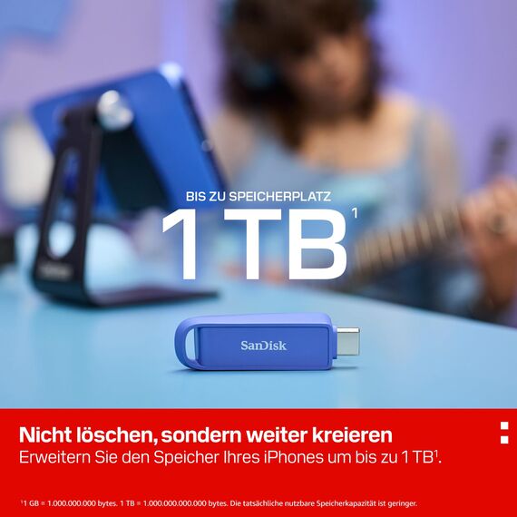 SANDISK Phone Drive mit USB Type-C 256 GB (Flash-Laufwerk für Smartphones, Tablets und Computer, 150 MB/s Lesen, Schlüsselring-Öse zur Mitnahme, 1 Jahr RescuePRO Deluxe-Software) - Maritime Blue