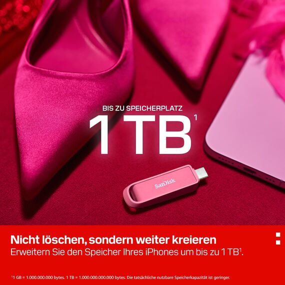 SANDISK Phone Drive mit USB Type-C 256 GB (Flash-Laufwerk für Smartphones, Tablets und Computer, 150 MB/s Lesen, Schlüsselring-Öse zur Mitnahme, 1 Jahr RescuePRO Deluxe-Software) - Seastar Pink