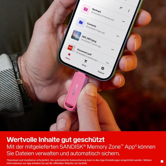 SANDISK Phone Drive mit USB Type-C 1 TB (Flash-Laufwerk für Smartphones, Tablets und Computer, 150 MB/s Lesen, Schlüsselring-Öse zur Mitnahme, 1 Jahr RescuePRO Deluxe-Software) - Seastar Pink