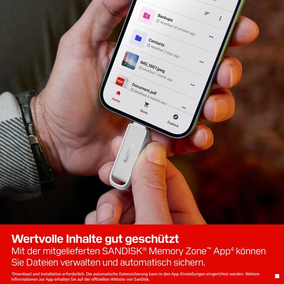 SANDISK Phone Drive mit USB Type-C 512 GB (Flash-Laufwerk für Smartphones, Tablets und Computer, 150 MB/s Lesen, Schlüsselring-Öse zur Mitnahme, 1 Jahr RescuePRO Deluxe-Software) - Arctic White