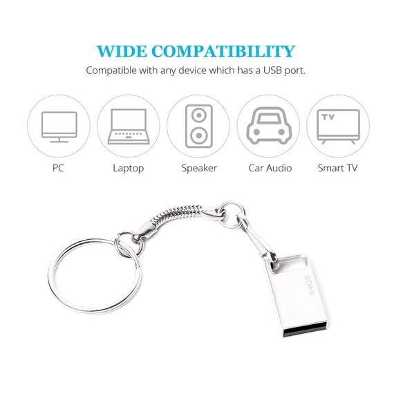 USB Stick 64GB, Metal Memory Stick USB 2.0 USB Stick 64 GB USB Flash Drive mit Schlüsselanhänger für Schule Büro Auto PC Laptop (Silber)