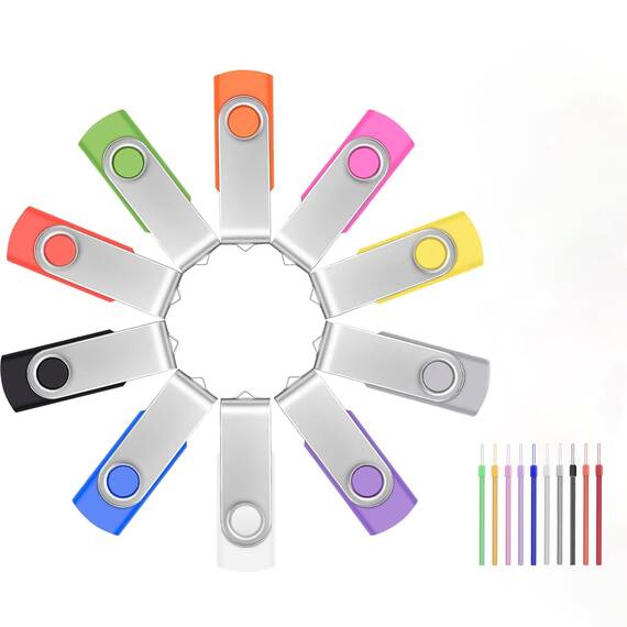 FEBNISCTE 10 Stück USB Sticks 2GB- Flash Laufwerke Verschiedenfarbigen Speicherstick 2 GB Einklappbarer, PenDrive Metall Gut Flash Drive Bunt USB 2.0 Memory Stick mit Seil für Werbegeschenke