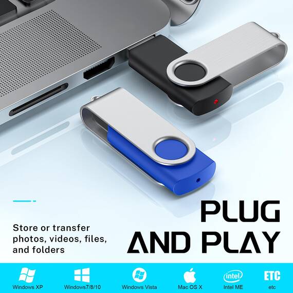 FEBNISCTE 10 Stück USB Sticks 2GB- Flash Laufwerke Verschiedenfarbigen Speicherstick 2 GB Einklappbarer, PenDrive Metall Gut Flash Drive Bunt USB 2.0 Memory Stick mit Seil für Werbegeschenke